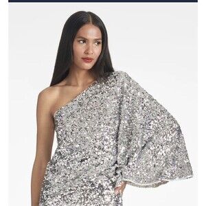 Sachin & Babi Silver Sequins Top One Shoulder Maximalist Glamourous Small